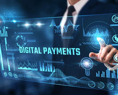 Ein Mann tippt auf einen virtuellen Bildschirm. Es erscheint das Wort "Digital Payments".