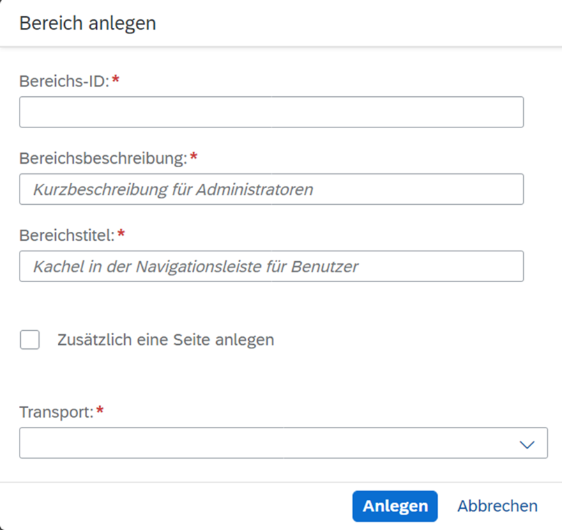 Screenshot der erforderlichen Angaben zur Anlage eines Bereiches in SAP Spaces and Pages.
