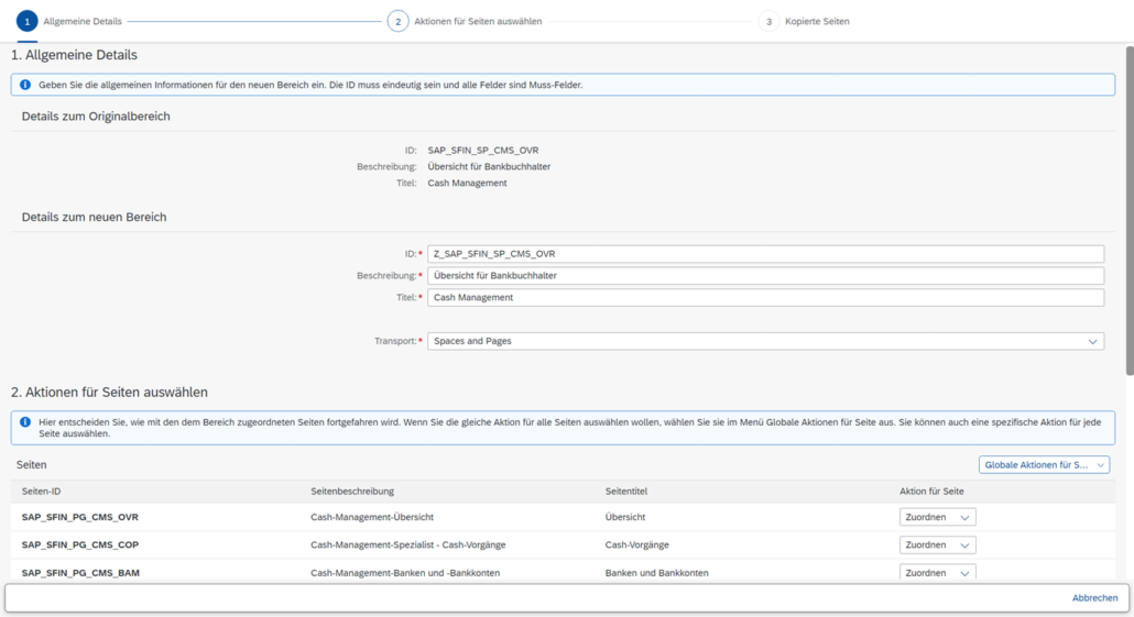 Screenshot der Detailangaben bei der Anlage eines neuen Bereiches in SAP Spaces and Pages.
